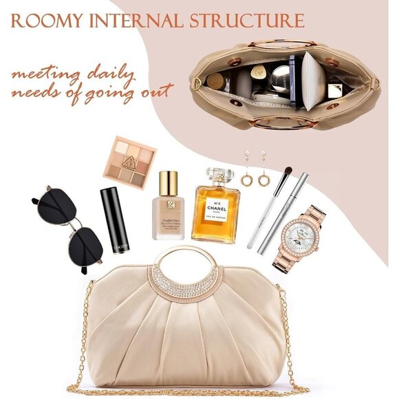 🆕Women Cream Clutch Purse Formal Soft Pleated Fabric Evening Bag Dressy Handbag - Picture 4 of 7